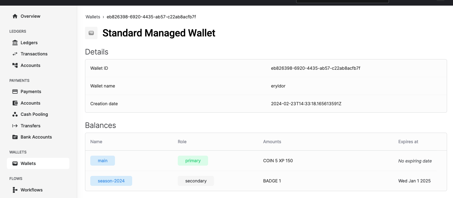 Eryldor&#39;s wallet in the Formance Console